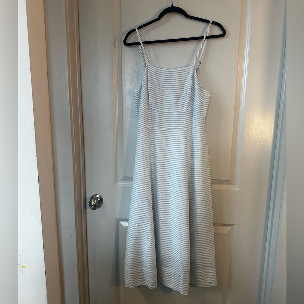Osklen Blue &White Pinstripe Cotton/Linen Blend Coastal Preppy Midi SunDress,S/M